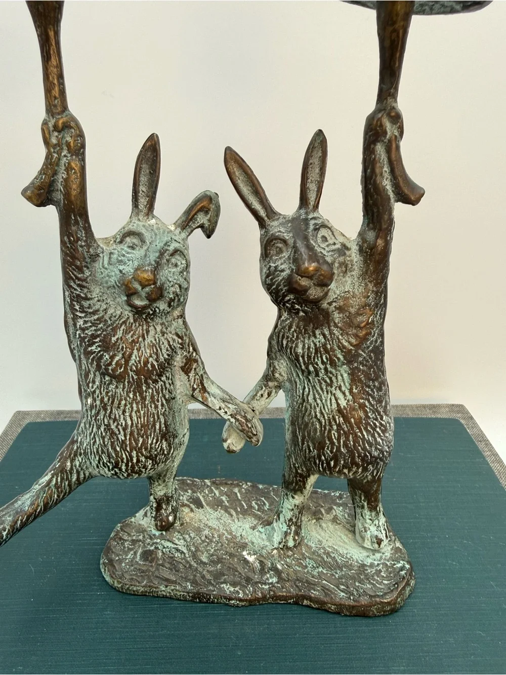 Vintage Bronze with Verdigris Rabbit Candlestick Holders